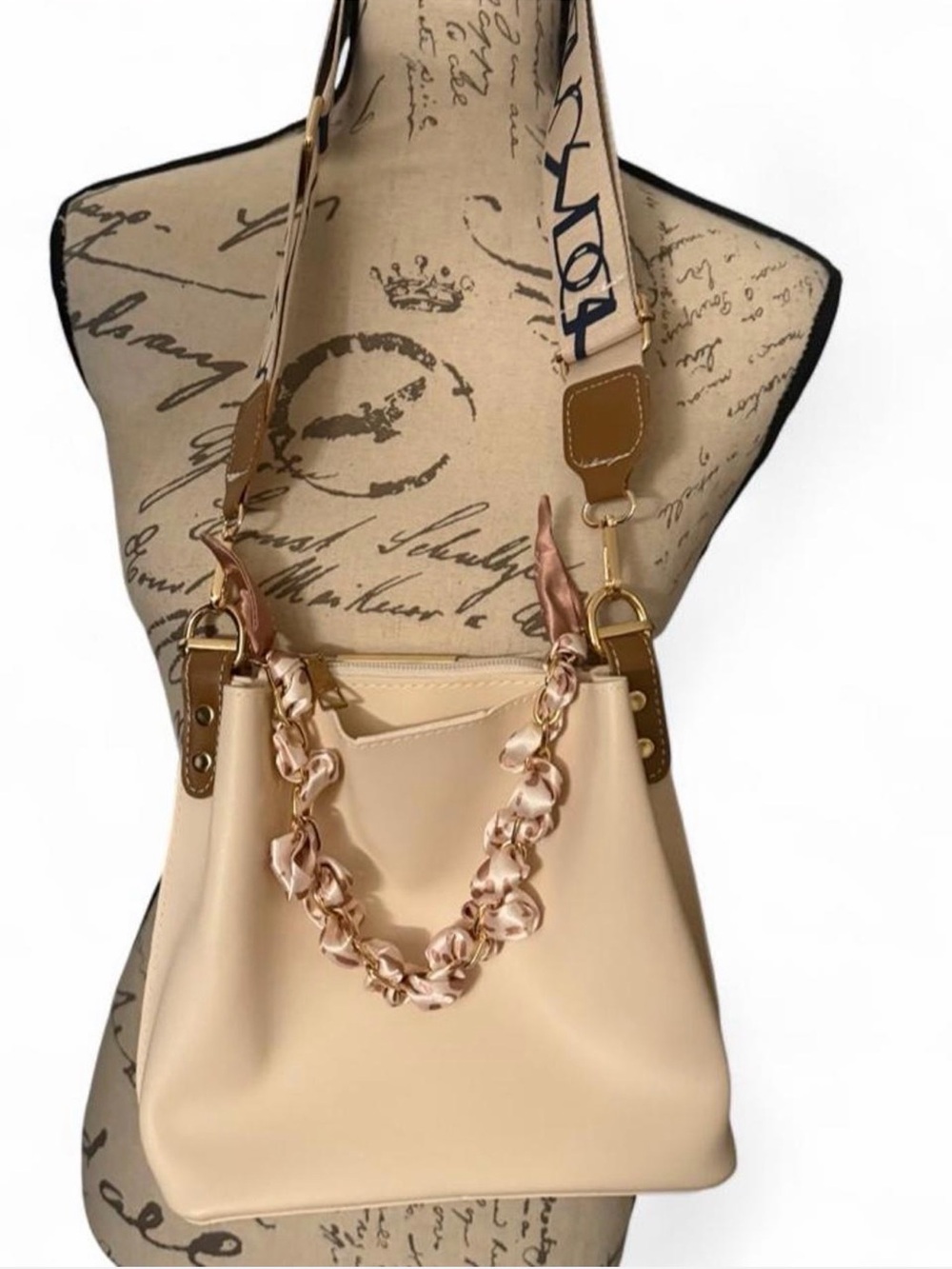 Cream Shoulder bucket  with Satin Chain Accent